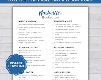 Nashville Travel Bucket List, Nashville Travel Checklist, Tennessee Travel Bucket List, Nashville To-Do List, Travel Planner, Printable PDF