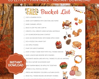 Fall Bucket List for Kids, Fall Bucket List for Families, Autumn Family Fun, Autumn Bucket List, Kids Fall Activities,  Printable PDF