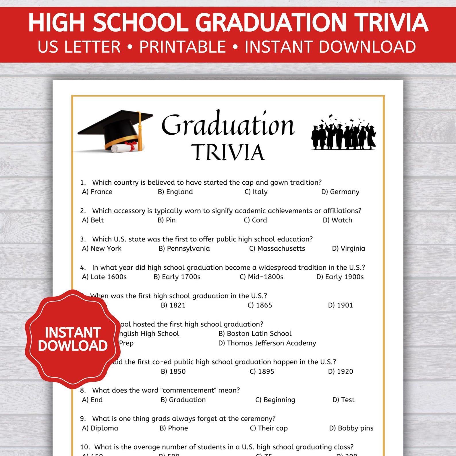 High School Graduation Trivia, High School Graduation Party Game