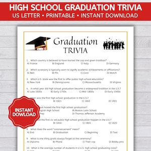 K&ouml;nnte beinhalten: Ein druckbares Quizspiel &uuml;ber High-School-Abschluss-Traditionen. Das Spiel enth&auml;lt Fragen zur Geschichte von Abschlusszeremonien, darunter die Herkunft von M&uuml;tze und Talar, der erste High-School-Abschluss in den USA und die Bedeutung des Wortes "Abschlussfeier".