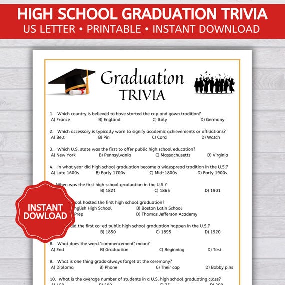 High School Graduation Trivia, High School Graduation Party Game, Graduation Activity, Printable PDF
