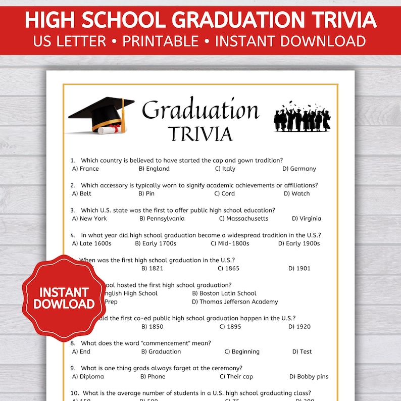 K&ouml;nnte beinhalten: Ein druckbares Quizspiel &uuml;ber High-School-Abschluss-Traditionen. Das Spiel enth&auml;lt Fragen zur Geschichte von Abschlusszeremonien, darunter die Herkunft von M&uuml;tze und Talar, der erste High-School-Abschluss in den USA und die Bedeutung des Wortes "Abschlussfeier".