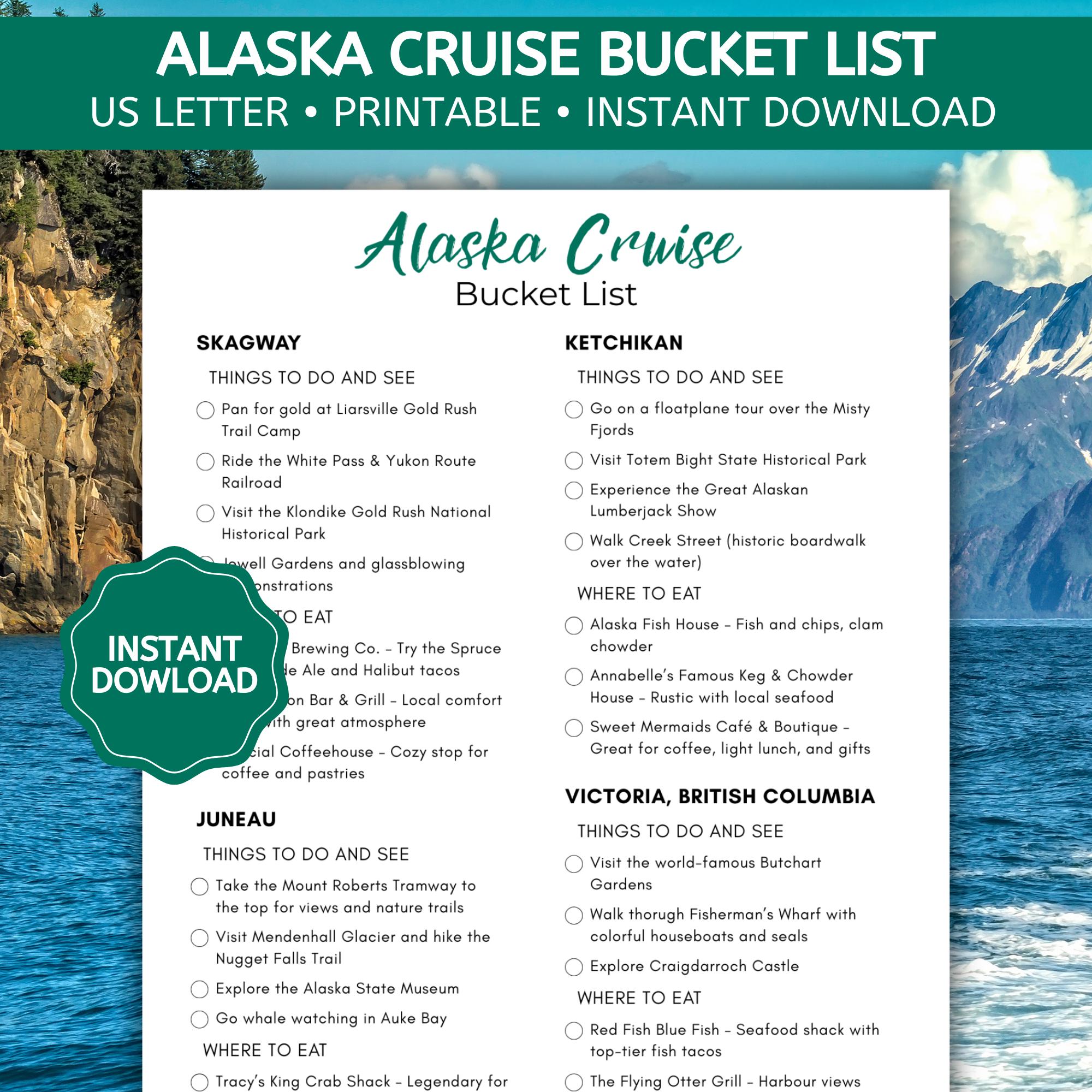 Alaska Cruise Travel Bucket List, Alaska Cruise Travel Checklist, Alaska Cruise To-Do List, Alaska Cruise Excursion Planner, Printable PDF