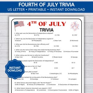 Fourth of July Trivia Game, July 4th Trivia Game, Independence Day Trivia, 4th of July Trivia for Adults and Kids, Printable PDF