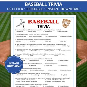 Baseball Trivia Game, MLB Trivia Game, Sports Trivia Quiz, Summer Party Game, Family Game Night, Printable PDF