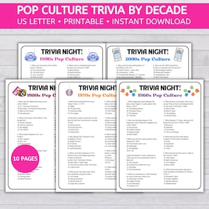 Trivia by Decade, Pop Culture Trivia, Pub Trivia, Printable PDF