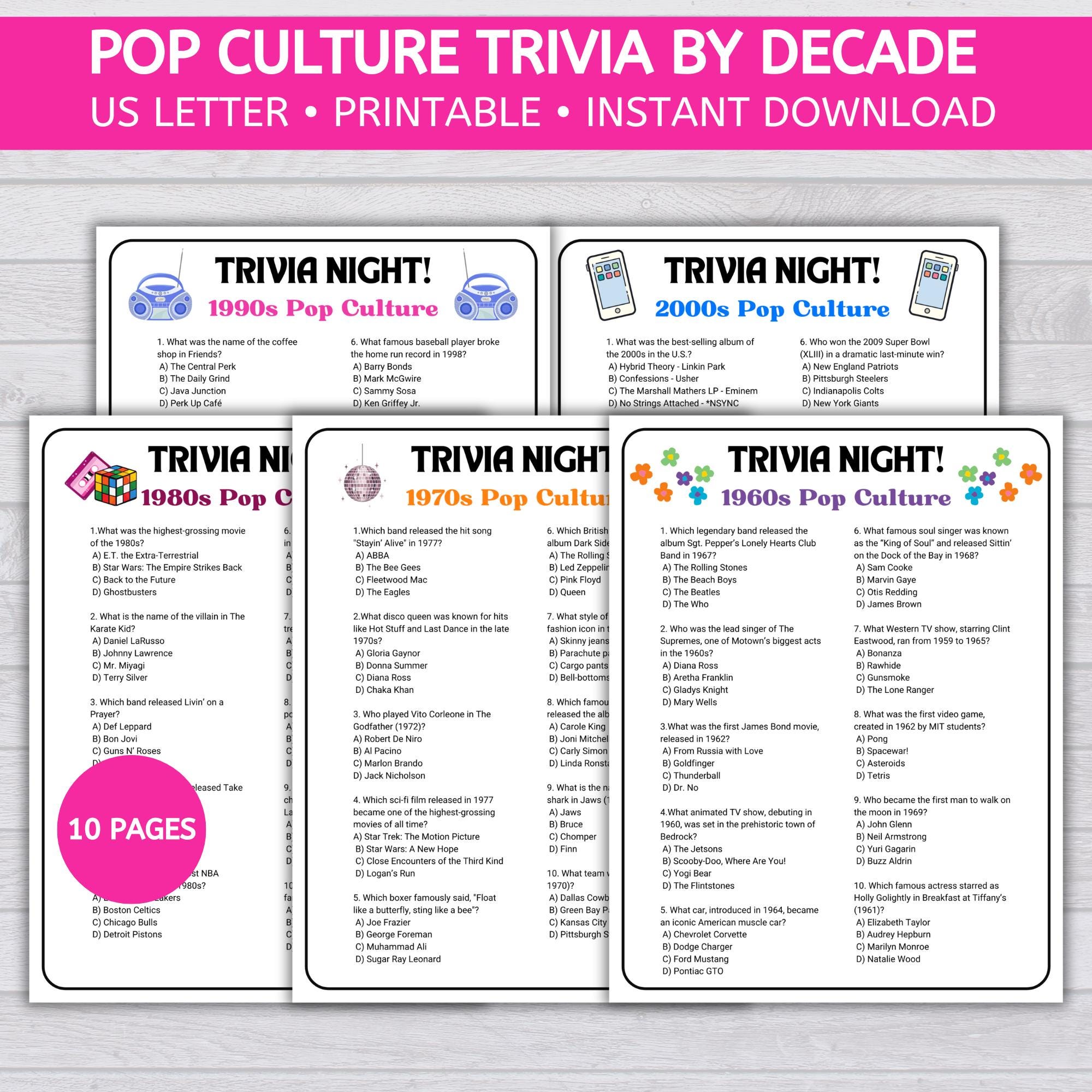 Trivia by Decade, Pop Culture Trivia, Pub Trivia, Printable PDF