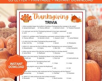 May include: Thanksgiving trivia game with multiple-choice questions. The printable game features a festive design with pumpkins and a turkey illustration. The text includes questions about Thanksgiving history and traditions. The words "Instant Download" are also visible.