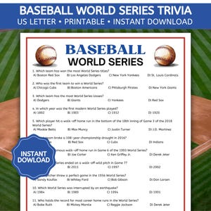 Baseball World Series Trivia Game, MLB Trivia Game, Sports Trivia Quiz, Baseball Party Game, Family Game Night, Printable PDF