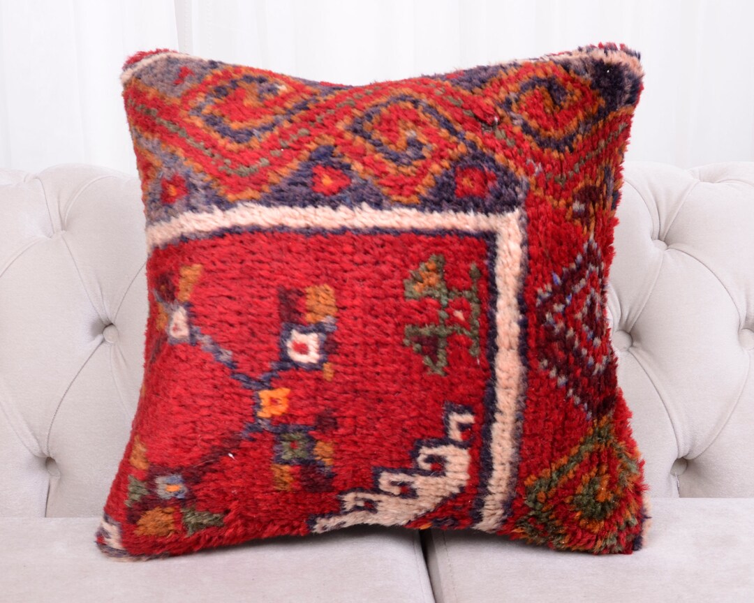 Kilim Pillow Cover Red Kilim Throw Pillow Jute Wool Cover 16x16 Turkish