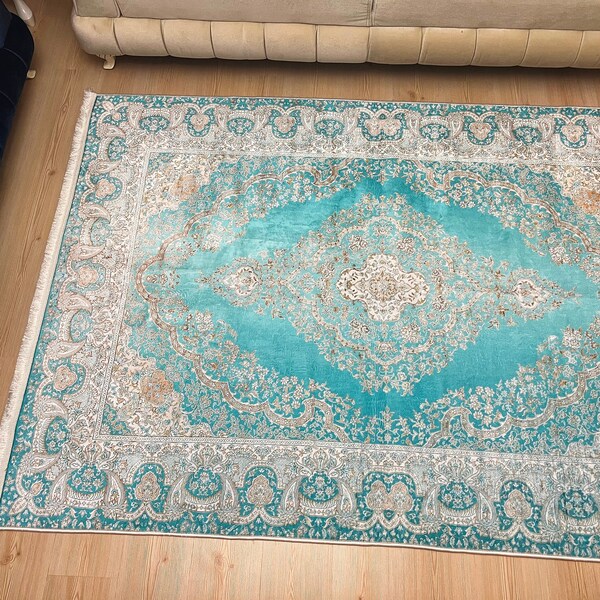 ARYA | Luxus Türkischer Teppich, Weicher Qualitätsteppich Grüner Vintage-Look Teppich, Orientalisches Motiv, Wohnkultur, Wohnzimmer Teppich, Teppich, Boho Teppich