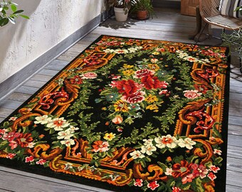 Alfombra colorida de flores, alfombra negra naranja roja, alfombra de flores personalizada, alfombra pastel floral rústica, alfombra de tamaño personalizado, alfombras de área, alfombra de cocina 3x10