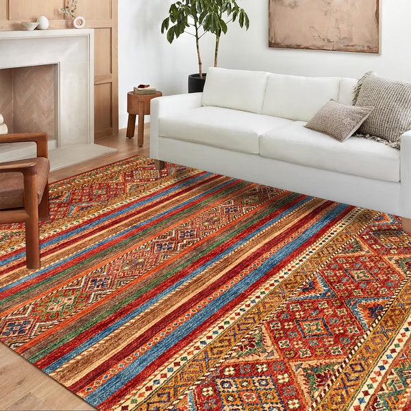 Rug 6x9, Turkish Rug 8x10, Oriental Rug, Orange Rug, Vintage Rug 5x8, Boho Rug, Area rugs , Stair Rug Style, Rug For Living Room, Carpet