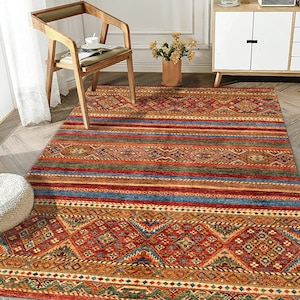 Floor Colourful Rug, Personalized Rug, Rustic Design Living Room Rug, Ethnic Multi-Purpose Anti-Slip Geometric Carpet, Boho Area Rug 8x10