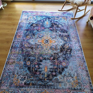 Turkish Rugs, Blue Rug,Machine Washable Area Rug for Living Room, Bedroom, Bathroom, Kitchen,Vintage Home Decor, Floor Decoration Carpet Mat