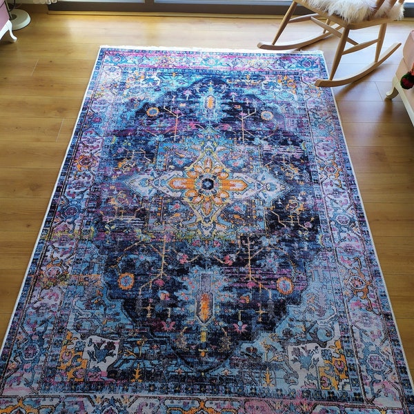 Turkish Rugs, Blue Rug,Machine Washable Area Rug for Living Room, Bedroom, Bathroom, Kitchen,Vintage Home Decor, Floor Decoration Carpet Mat