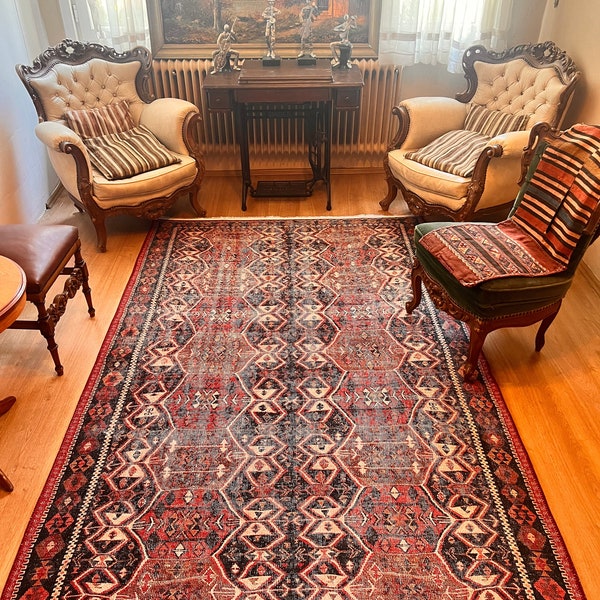 Rug 6x9 Turkish Rug 9x12,  Red black Rug, Oriental Rug 8x10, Vintage Red Rug, Area Rug 8x10, Turkish Rug Style, Rug For Living Room, Carpet