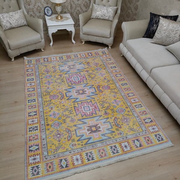 Alfombra amarilla turca, alfombra mostaza, alfombra boho, alfombra de aspecto vintage, alfombra turca 9x12, amarillo mostaza, alfombra afligida, alfombra amarilla sobreteñida grande