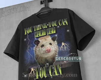 Pode incluir: Camiseta preta com um gráfico de gambá e o texto "YOU THINK YOU CAN HURT ME? YOU CAN". O design inclui raios e um fundo azul e roxo. A camiseta está pendurada em um cabide preto.