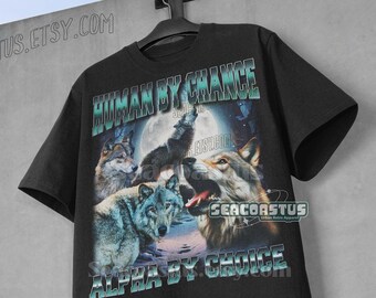 Camiseta gráfica vintage con tres lobos aullando de Alpha By Choice, camiseta retro con lobo y luna de los años 90, regalo para amantes de los lobos, camiseta relajada, camiseta unisex con galaxia