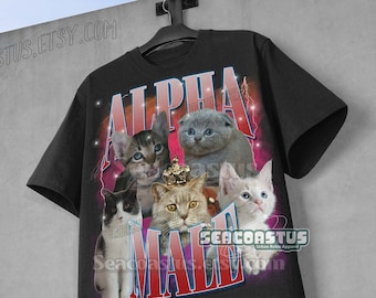 May include: Black t-shirt with a graphic print of cats and the text "ALPHA MALE" in a retro style.