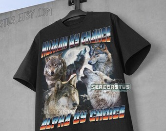 Camiseta gráfica vintage con lobos aullando de Alpha By Choice, camiseta retro con lobo y luna de los años 90, regalo para amantes de los lobos, camiseta relajada de moda, camiseta unisex con galaxia