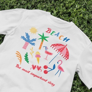Leuke cartoon strand T-shirt, Summer Vibes T-shirt, retro jaren 90 esthetisch shirt, leuk grafisch T-shirt voor strandliefhebbers, casual zomermode