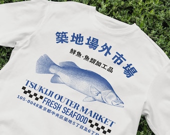 Japanese Fish Market T-Shirt, Vibrant Seafood Tee, Retro Japan Style Shirt, Cottagecore, Grunge Aesthetic, Casual Wear, Preppy Graphic