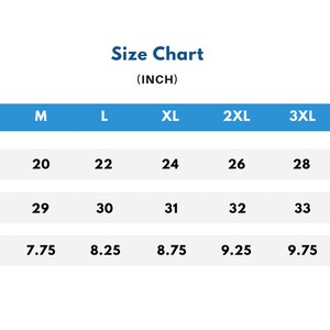 May include: Size chart for clothing in inches. The chart shows the width, length, and sleeve length for sizes S through 5XL.