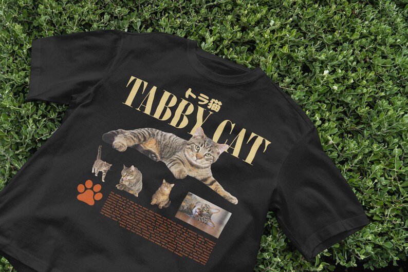May include: Black t-shirt with a gold graphic of tabby cats and the text "Tabby Cat" in Japanese and English.