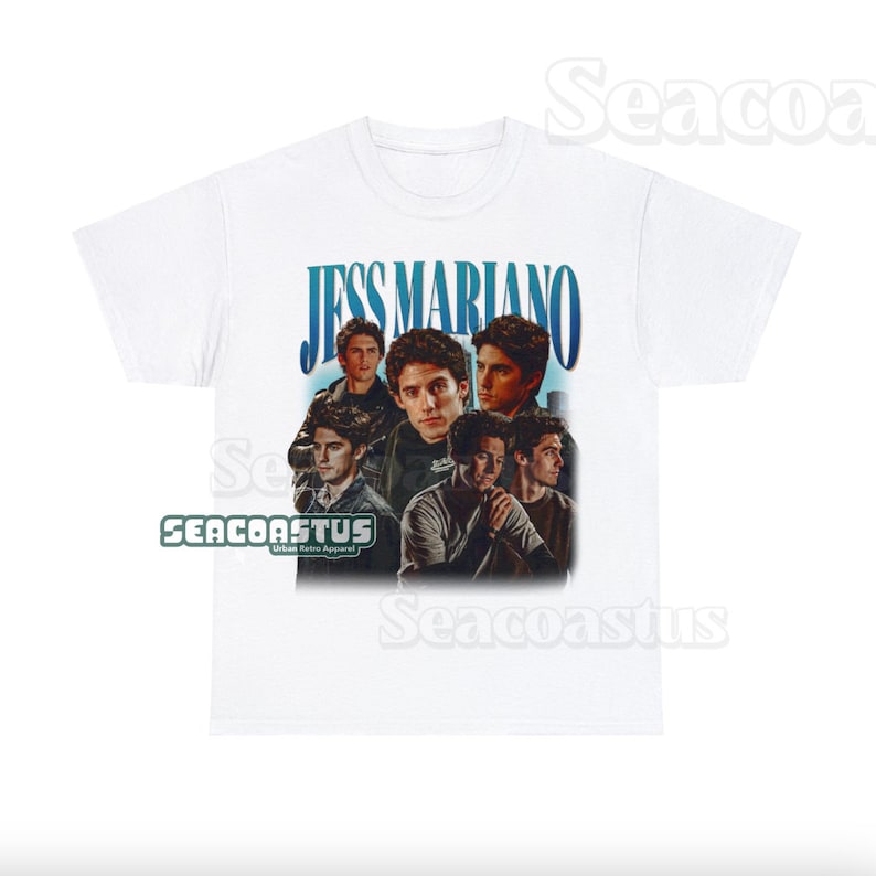 May include: White t-shirt with a vintage-style graphic of a band called "Jess Mariano". The graphic features five men in a collage style with a blue and white background.