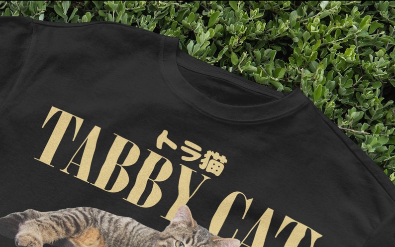May include: Black t-shirt with a gold tabby cat graphic and the text "Tabby Cat" and "タビー猫" in Japanese.