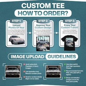 以下が含まれることがあります： 車の画像を使ってカスタムTシャツを注文する方法を示すグラフィック。手順は次のとおりです。1. 車の画像をアップロードする。2. カスタムデザインを承認する。3. カスタムTシャツを楽しむ！画像には、暗い画像、ピクセル化された画像、ぼやけた画像を避ける、高解像度の画像を使用する、鮮明で詳細な画像を確保するなど、画像のアップロードに関するガイドラインも含まれています。