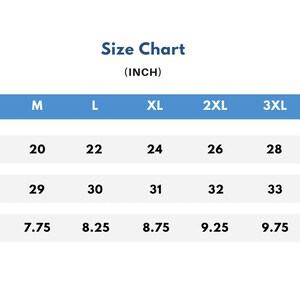 May include: Size chart for clothing in inches. The chart shows the width, length, and sleeve length for sizes S through 5XL.