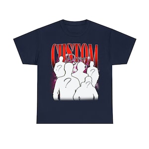 May include: Navy blue t-shirt with a red "CUSTOM DESIGN" graphic featuring a group of white silhouettes with question marks on their heads.