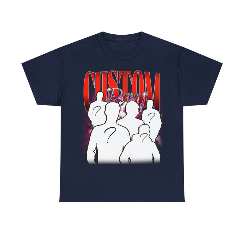 May include: Navy blue t-shirt with a red "CUSTOM DESIGN" graphic featuring a group of white silhouettes with question marks on their heads.
