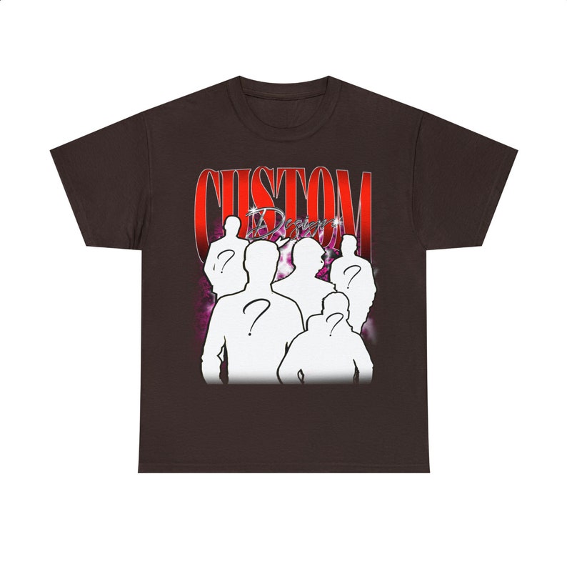 May include: A dark brown t-shirt with a red and white graphic print of the word "CUSTOM" and a group of people with question marks for faces. The graphic is set against a purple and white background.