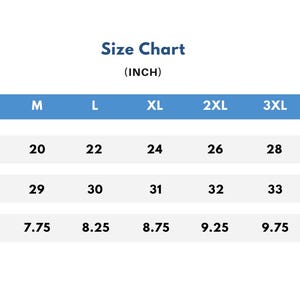 May include: Size chart for clothing in inches. The chart shows the width, length, and sleeve length for sizes S through 5XL.