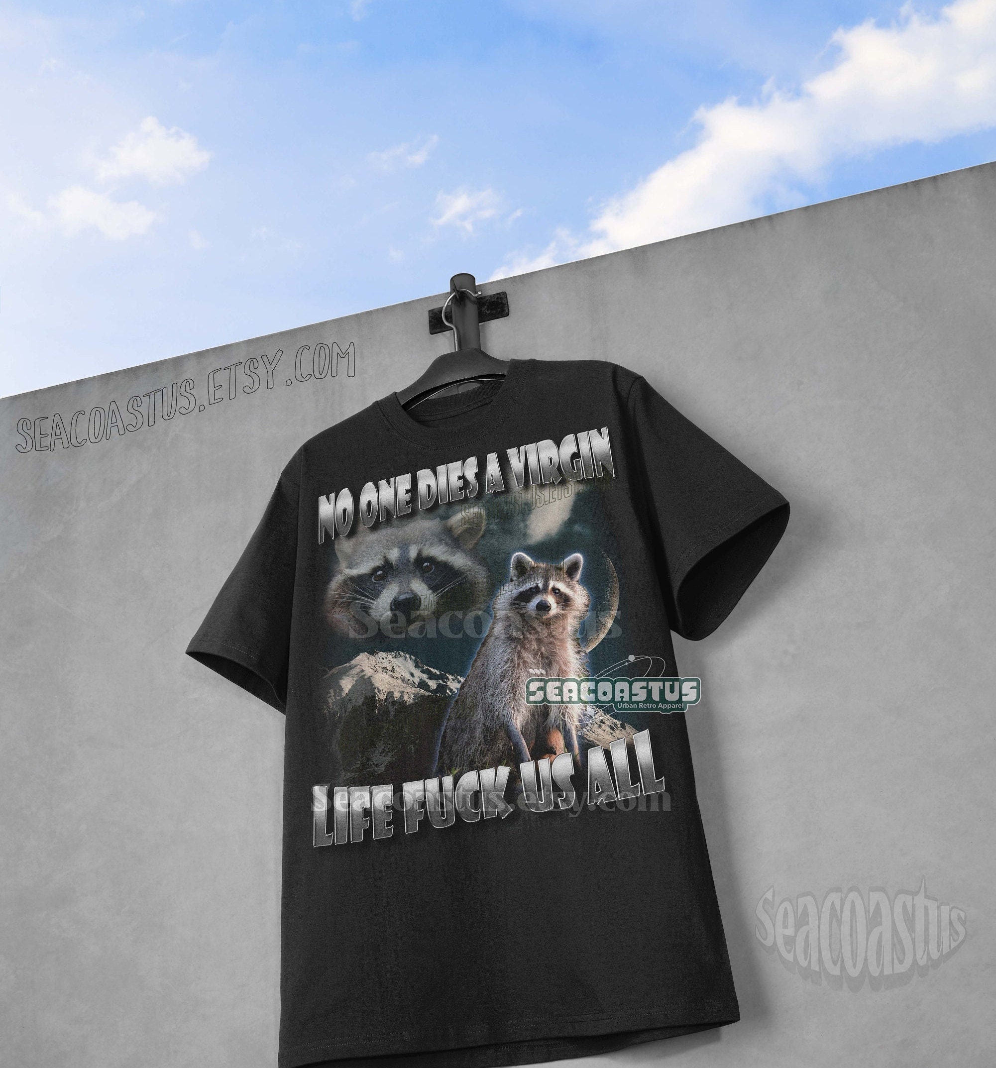 No One Dies A Virgin Camiseta engraçada do meme do guaxinim, camiseta engraçada do guaxinim vintage dos anos 90, camiseta estranha, camisa de algodão legal, camiseta legal