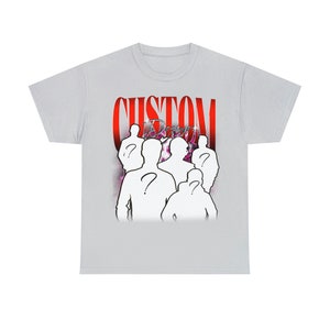 May include: A light gray t-shirt with a red graphic print of the word "CUSTOM" and a group of white silhouettes of people with question marks on their backs.