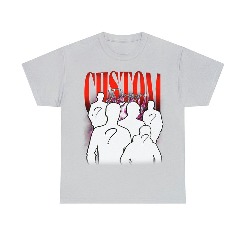May include: A light gray t-shirt with a red graphic print of the word "CUSTOM" and a group of white silhouettes of people with question marks on their backs.