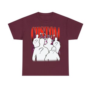 May include: A maroon t-shirt with a red graphic of the word "CUSTOM" and a group of white silhouettes of people with question marks on their heads.