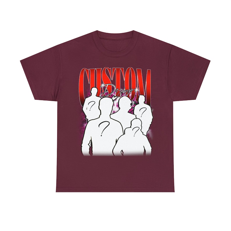 May include: A maroon t-shirt with a red graphic of the word "CUSTOM" and a group of white silhouettes of people with question marks on their heads.