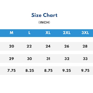 May include: Size chart for clothing in inches. The chart shows the width, length, and sleeve length for sizes S through 5XL.