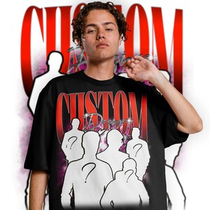 May include: A black t-shirt with a red and white graphic print that says "CUSTOM DESIGN" and features a group of people with question marks on their faces.