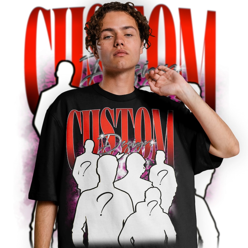 May include: A black t-shirt with a red and white graphic print that says "CUSTOM DESIGN" and features a group of people with question marks on their faces.