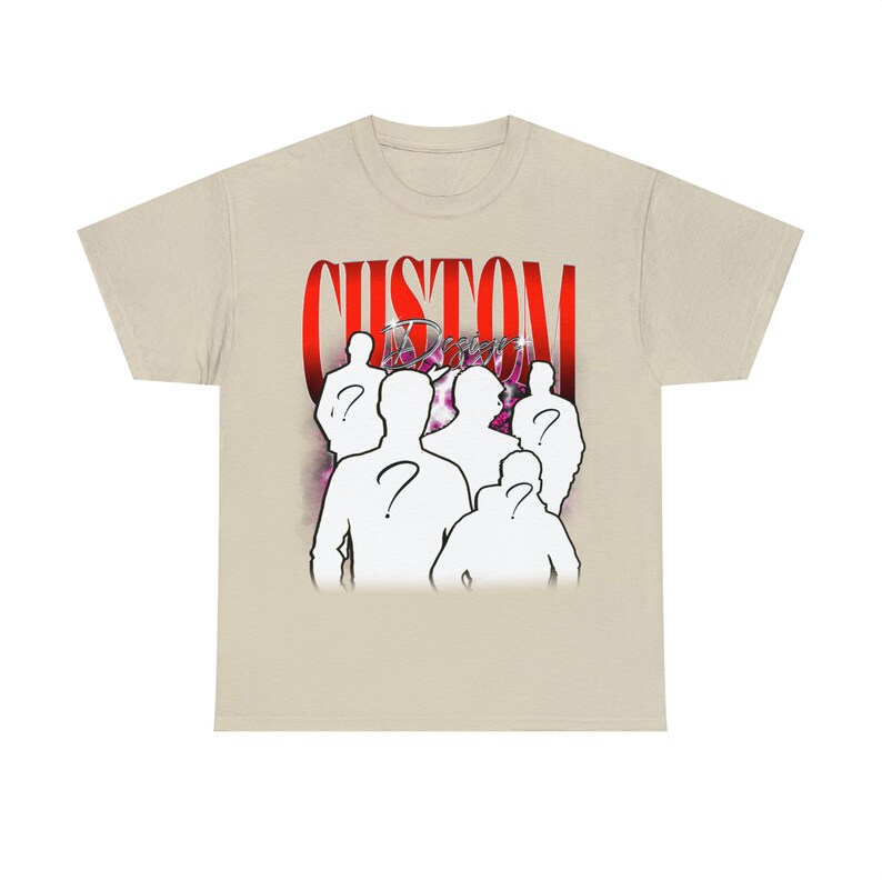 May include: A beige t-shirt with a red graphic print of the word "CUSTOM" and a group of white silhouettes of people with question marks on their heads. The graphic is surrounded by a pink and purple haze.