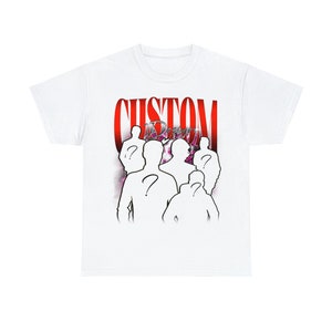May include: White t-shirt with a red "CUSTOM DESIGN" graphic featuring a group of five silhouettes with question marks on their heads.