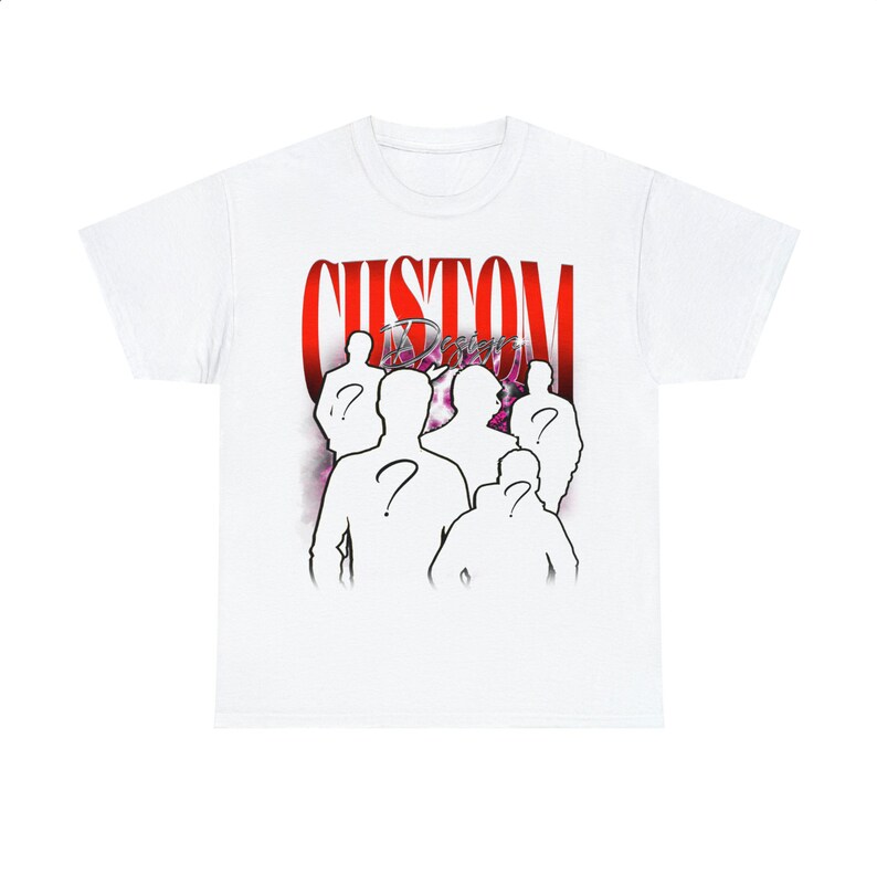 May include: White t-shirt with a red "CUSTOM DESIGN" graphic featuring a group of five silhouettes with question marks on their heads.