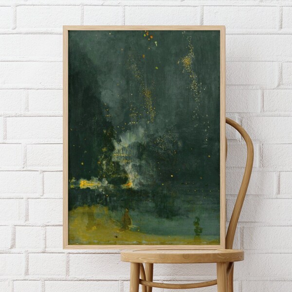 Nocturne in Black and Gold The Falling Rocket by James McNeill Whistler Canvas/Poster Wall Art, Dark Aesthetic Art Print Framed, Moody Art